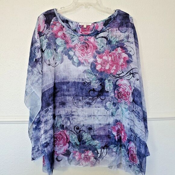 G Collection Floral Print Short Sleeve Top Size 3XL Blue Lagenlook Boxy Lined - Picture 1 of 11